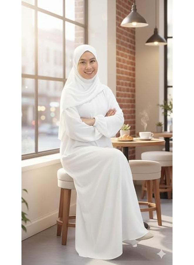 Kanfab Prayer Dress for Women One-Piece | Islamic Modest Full Prayer Outfit with Long Sleeves & Attached Scarf | Soft Cotton Jilbab Abaya | Namaz, Salah, Umrah & Hajj Wear | Plain White - Image 2